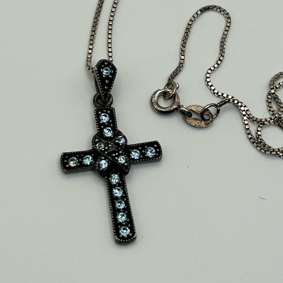 925 Sterling Silver Jewelry - 925 Silver Thai Cross Pendant Necklace Black with Blue Crystals Chain PGDA Italy